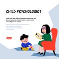 Psychology. Child psychologist. Woman Psychologist tests the child. Preparation for school. Doodle style flat vector