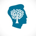 Psychology concept vector logo or icon created with Greek Psi symbol as a tree with leaves inside of man face profile, mental Royalty Free Stock Photo