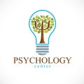 Psychology concept vector logo or icon created with Greek Psi symbol as a green tree with leaves inside of idea light Royalty Free Stock Photo