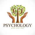 Psychology concept vector logo or icon created with Greek Psi symbol as a green tree with leaves and tender guarding hands, mental