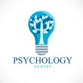 Psychology concept vector logo or icon created with Greek Psi symbol as a tree with leaves inside of idea light bulb, mental