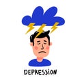 Psychology. Depression. Depressed man character with with thundercloud and lightnings above his head. Doodle style flat Royalty Free Stock Photo