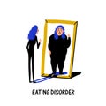 Psychology. Eating disorder, anorexia or bulimia. Slim young woman looking in mirror and seeing herself as overweight Royalty Free Stock Photo