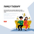 Psychology. Family therapy. Unhappy family couple characters on psychotherapist session. Doodle style flat vector