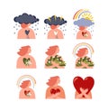 Psychology flat icons set, depression, healing, childhood trauma, self love and support.Psychotherapy vector concept