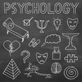 Psychology hand drawn doodle set and typography on chalkboard ba