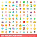 100 psychology icons set, cartoon style