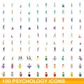 100 psychology icons set, cartoon style