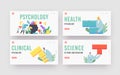 Psychology Landing Page Template Set. Tiny Psychologist Doctor Characters Setup Colorful Puzzle Pieces on Human Head