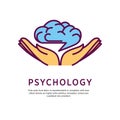 Psychology logo design with open hand palms with human brain Royalty Free Stock Photo