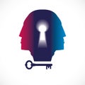 Psychology and mental health concept, created with double man head profile and keyhole, psychoanalysis as a key to human nature,