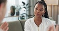 Psychology, mental health and empathy with a black woman therapist talking to a patient in her office. Support Royalty Free Stock Photo