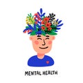 Psychology. Mental health. Man character with flower head. Mental health concept, good mood, harmony . Doodle style flat Royalty Free Stock Photo