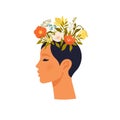 Psychology. Mental health. Woman character with flower head. Mental health concept, good mood, harmony flat vector