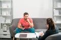 Psychology, mental therapy, psychologist with excited sad angry man at psychotherapy session on psychological Royalty Free Stock Photo
