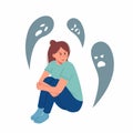 Young stressed woman sitting and feeling bad with ghosts, fears. Mental health and illnesses