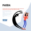 Psychology. Phobia. Frightened Woman character escaping scary shadow monster. Female person suffering from fear. Doodle