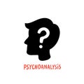 Psychology. Psychoanalysis. Male character silhouette profile with question mark inside. Psychology help concept