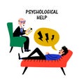 Psychology. Psychological help. Doctor and patient, a man lying on sofa and talking to psychotherapist or psychologist