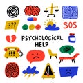 Psychology. Psychological help. Set of hand drawn icons on theme of psychology. Psychology, brain and mental health