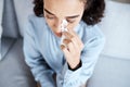 Psychology, sad and woman crying with a tissue at a session for grief, depression or mental health. Psychiatry