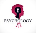 Psychology vector logo created with woman head profile and little child girl inside with keyhole, inner child, a key to human ind