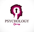 Psychology vector logo created with woman head profile and little child girl inside with keyhole, inner child, a key to human