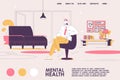 Psychoterapist at office concept landing page template. Pink and yellow colors, comfortable sofa, doctor waiting for client for