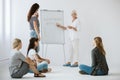 Psychotherapist writes the rules of group consultations for women on a white board