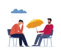 Psychotherapy session. Patient sitting under the rain cloud, a specialist giving him an umbrella. Talk therapy concept. Vector