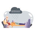 Psychotherapy session, psychological help. Depressed man and psychotherapist vector illustration