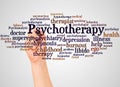 Psychotherapy word cloud and hand with marker concept