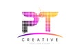PT P T Letter Logo Design with Magenta Dots and Swoosh