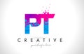 PT P T Letter Logo with Shattered Broken Blue Pink Texture Design Vector.