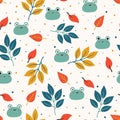 Cute seamless pattern with cute cartoon of frog and plant. for fabric print and textile, kids wallpaper Royalty Free Stock Photo