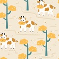 Seamless pattern cute cartoon cow and tree. for fabric print, gift wrapping paper, kids wallpaper