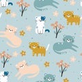 Seamless pattern cute cartoon of cat and leaves. spring collection wallpaper, for fabric print and scarf