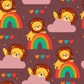 Seamless pattern cartoon lion, rainbow and purple sky. cute animal wallpaper for textile, gift wrap paper