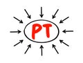 PT Prothrombin Time - measures how long it takes for a clot to form in a blood sample, acronym text concept with arrows