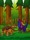 Pteranodon and ankylosaurus on the background of a forest.