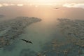 Pteranodon flying above river delta