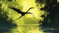 A Pteranodon gracefully swooping over the swamp its wings casting a shadow over the murky waters and reflecting the