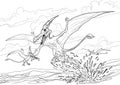 Pterodactyl. Dinosaur coloring page for children and adults, hand drawn illustration. A4 size. Design for wallpapers