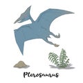 Pterosaurus with plants and stone isolated over white vector