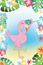 Cute pink flamingo with camera colorful illustration