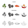 Ptrushka, black pepper, paprika, chili.Herbs and spices set collection icons in cartoon,outline,monochrome style vector