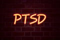 PTSD Post-Traumatic Stress Disorder neon sign on brick wall background. Fluorescent Neon tube Sign on brickwork Business concept