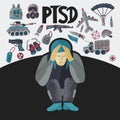 PTSD. Post traumatic stress disorder vector illustration. Royalty Free Stock Photo