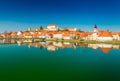 Ptuj, Slovenia: Panoramic view of the ancient Slovenian town of Ptuj reflected in the water