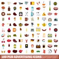 100 pub advertising icons set, flat style